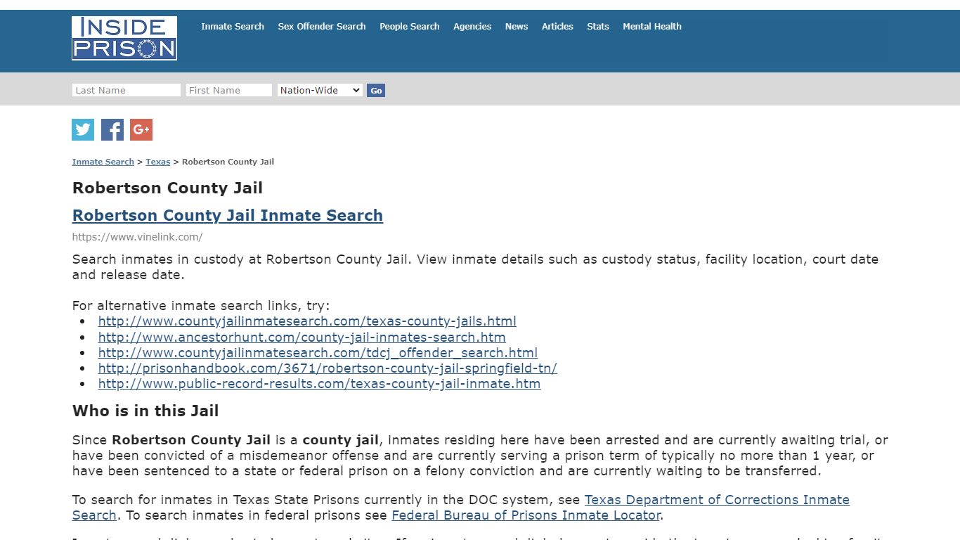 Robertson County Jail - Texas - Inmate Search - Inside Prison